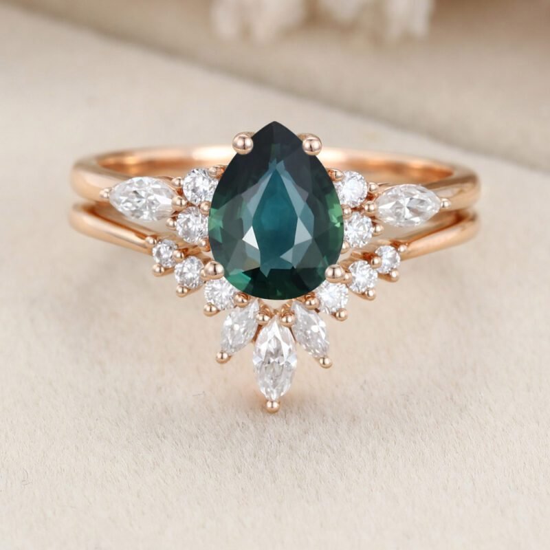 Pear Lab Blue green sapphire engagement ring set Unique Cluster engagement ring Rose gold Vintage marquise engagement ring Anniversary gift