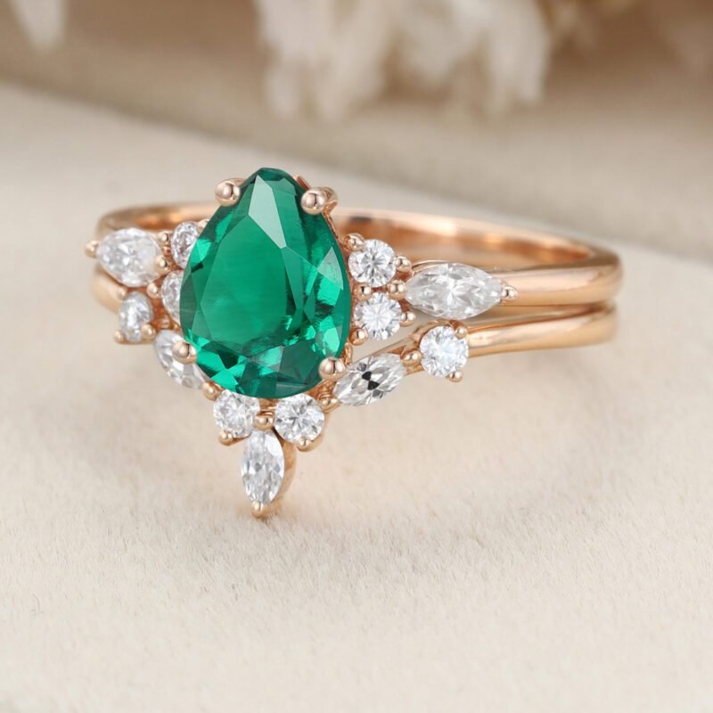 Pear Lab Emerald engagement ring set Vintage Rose gold moissanite ring Unique marquise diamond wedding ring Bridal Anniversary gift