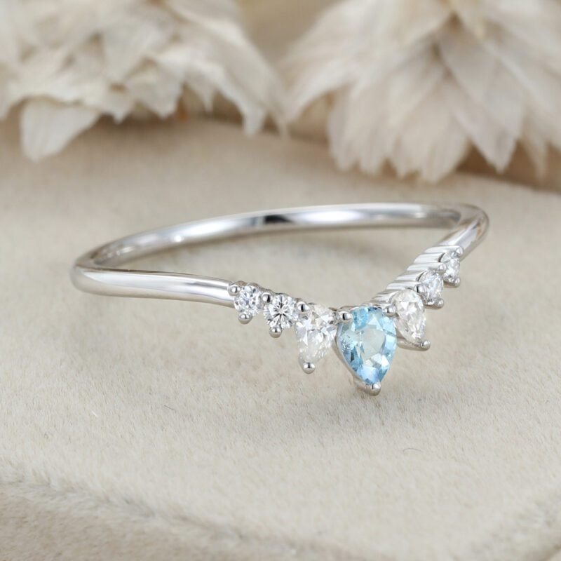 Pear Shape Aquamarine Wedding Band White Gold Curved Wedding Band Unique Vintage Moissanite Stacking Ring