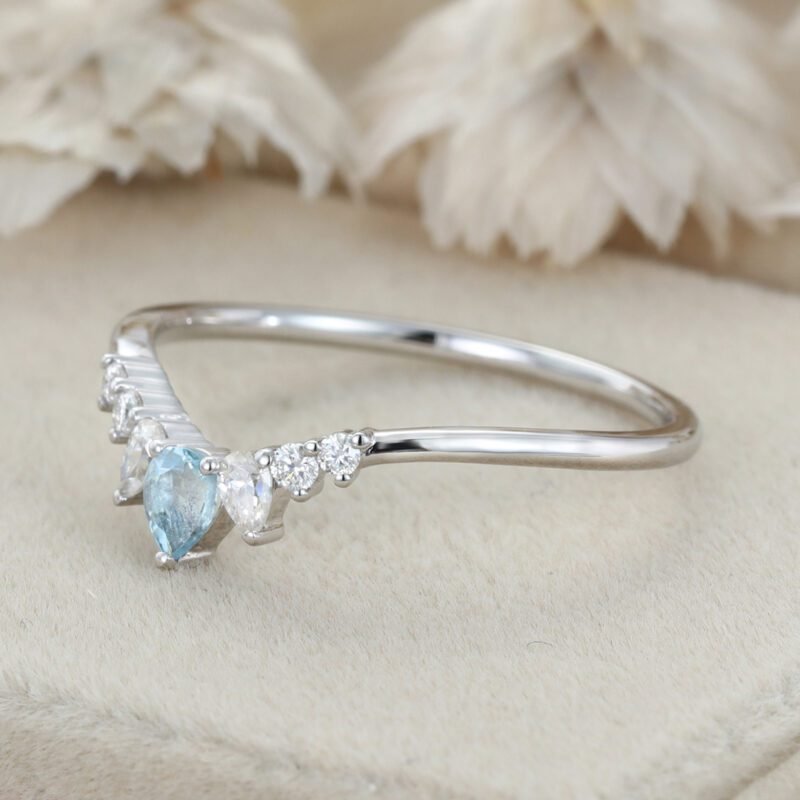 Pear Shape Aquamarine Wedding Band White Gold Curved Wedding Band Unique Vintage Moissanite Stacking Ring