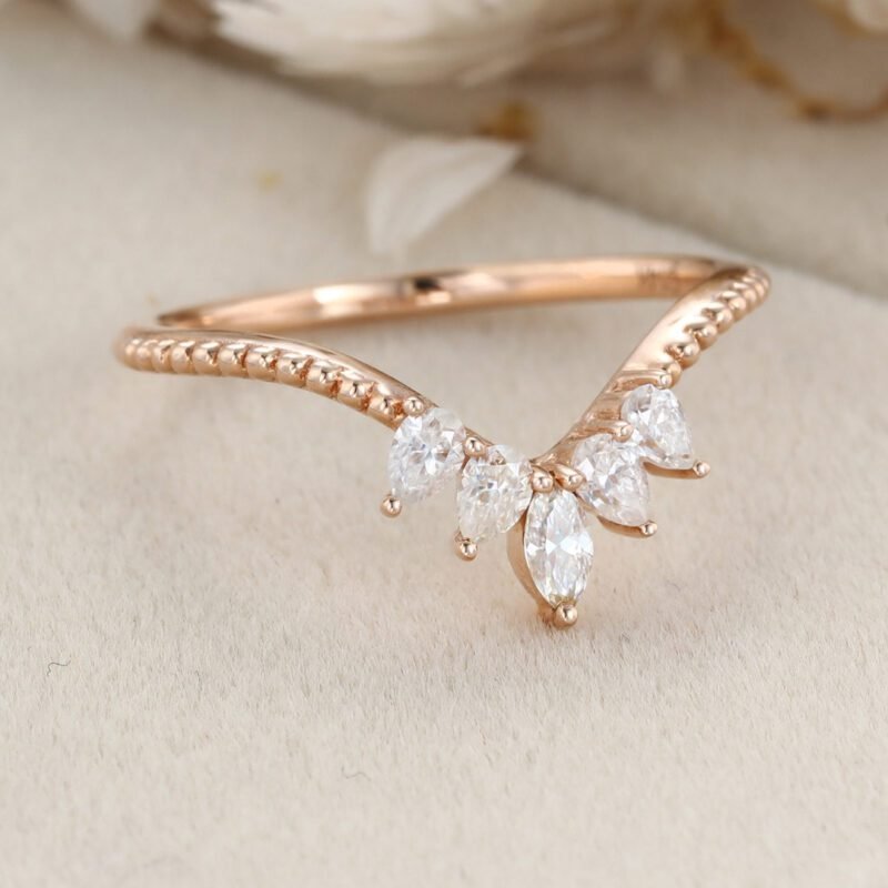 Pear Shape Moissanite Curved wedding band Rose gold Diamond wedding band bridal ring marquise stacking ring bridal promise Anniversary gift