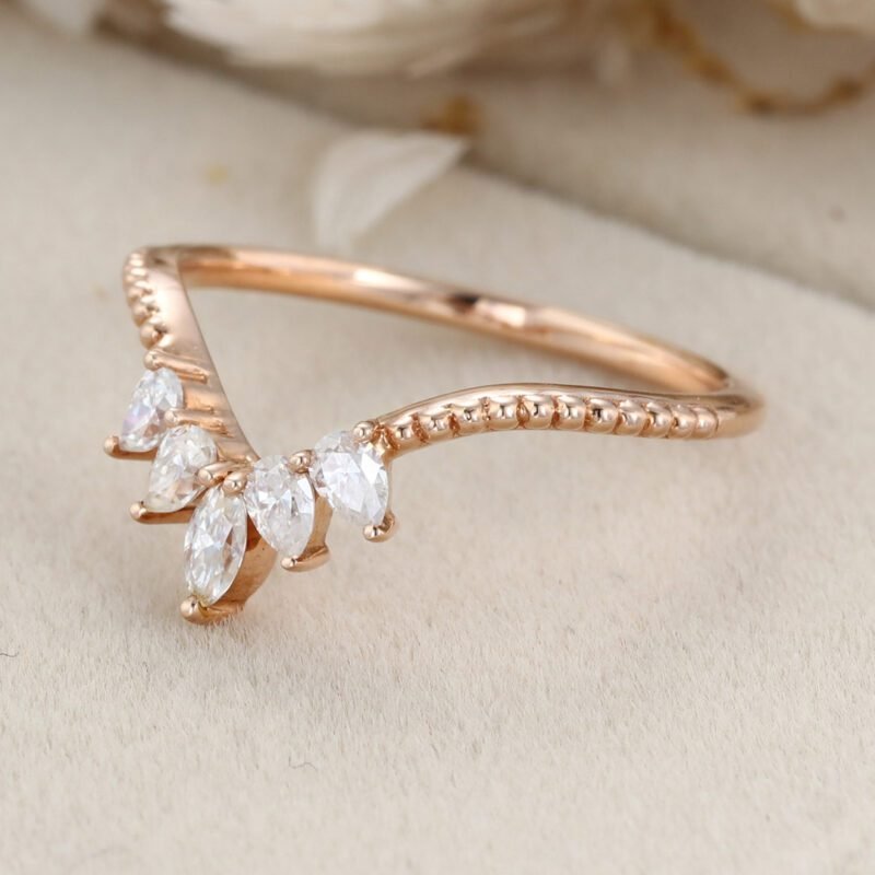 Pear Shape Moissanite Curved wedding band Rose gold Diamond wedding band bridal ring marquise stacking ring bridal promise Anniversary gift