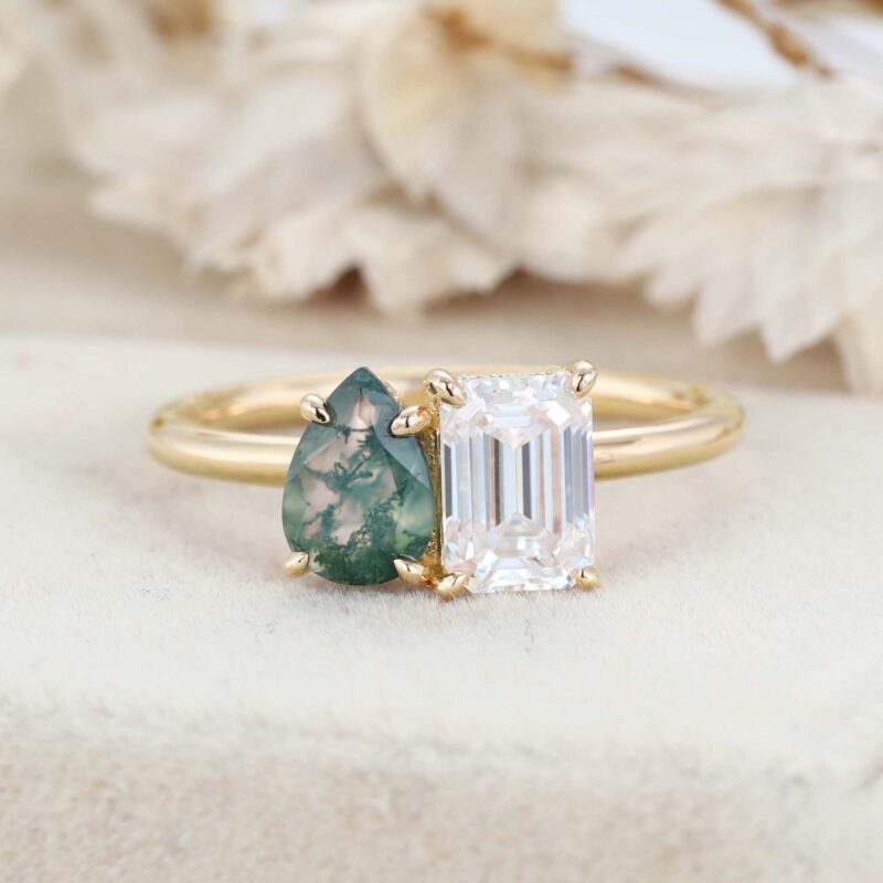 Pear Shaped And Emerald Cut Natural Moss Agate and Moissanite Ring 14K Rose Gold Two Stone Ring