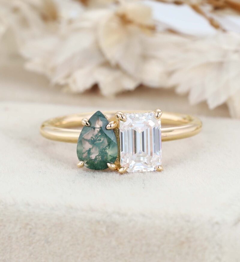 Pear Shaped And Emerald Cut Natural Moss Agate and Moissanite Ring 14K Rose Gold Two Stone Ring