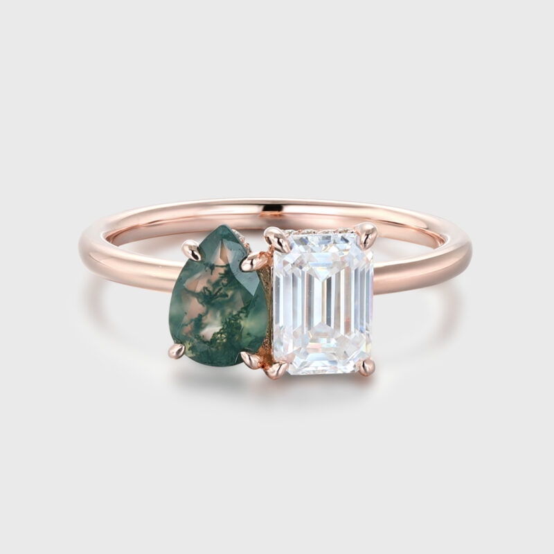 Pear Shaped And Emerald Cut Natural Moss Agate and Moissanite Ring 14K Rose Gold Two Stone Ring