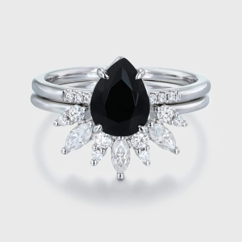 Pear Shaped Black Onyx Engagement Ring Set Vintage Rose Gold Marquise Cut Curved Moissanite Wedding Ring