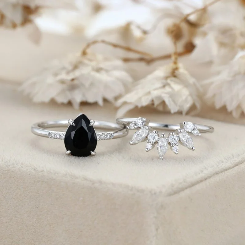 Pear Shaped Black Onyx Engagement Ring Set Vintage Rose Gold Marquise Cut Curved Moissanite Wedding Ring