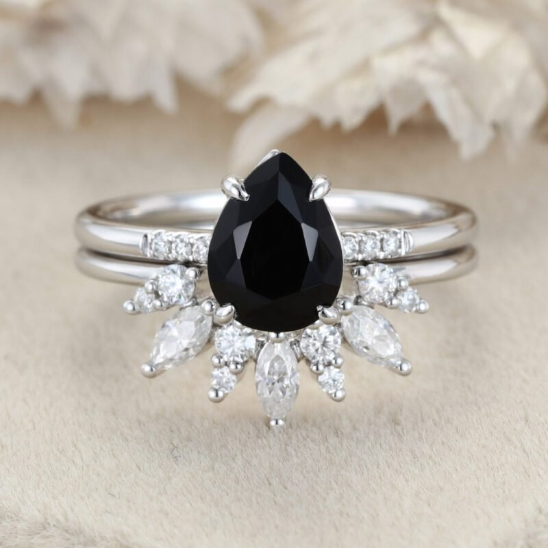 Pear Shaped Black Onyx Engagement Ring Set Vintage Rose Gold Marquise Cut Curved Moissanite Wedding Ring