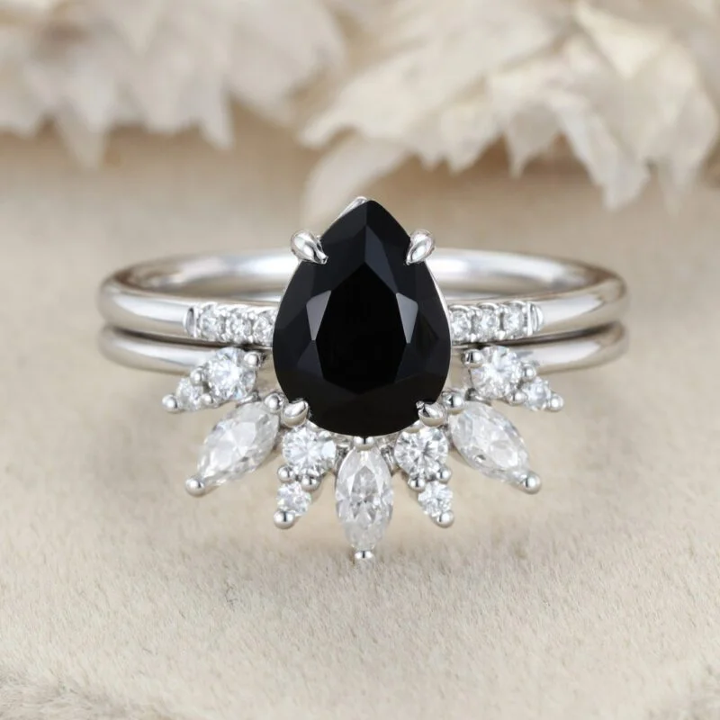 Pear Shaped Black Onyx Engagement Ring Set Vintage Rose Gold Marquise Cut Curved Moissanite Wedding Ring