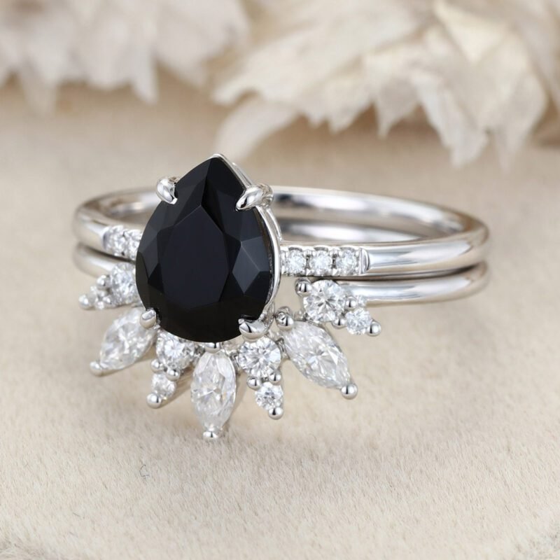 Pear Shaped Black Onyx Engagement Ring Set Vintage Rose Gold Marquise Cut Curved Moissanite Wedding Ring