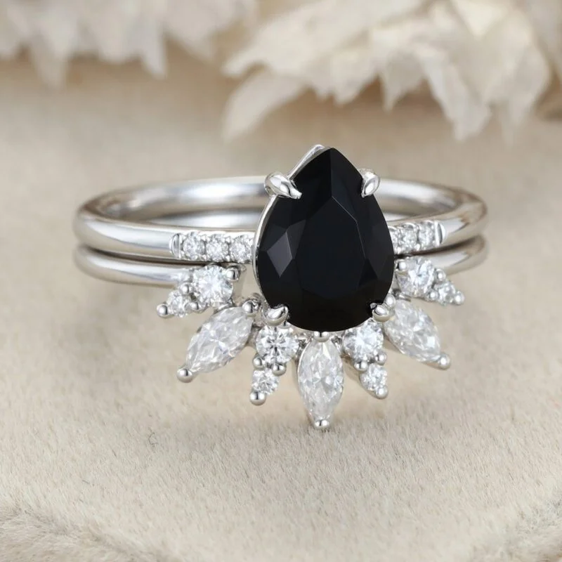 Pear Shaped Black Onyx Engagement Ring Set Vintage Rose Gold Marquise Cut Curved Moissanite Wedding Ring