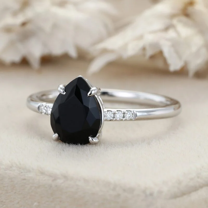 Pear Shaped Black Onyx Engagement Ring Vintage 14K Rose Gold Ring Unique Diamond Wedding Ring Bridal Gift For Her