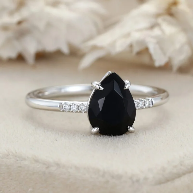 Pear Shaped Black Onyx Engagement Ring Vintage 14K Rose Gold Ring Unique Diamond Wedding Ring Bridal Gift For Her