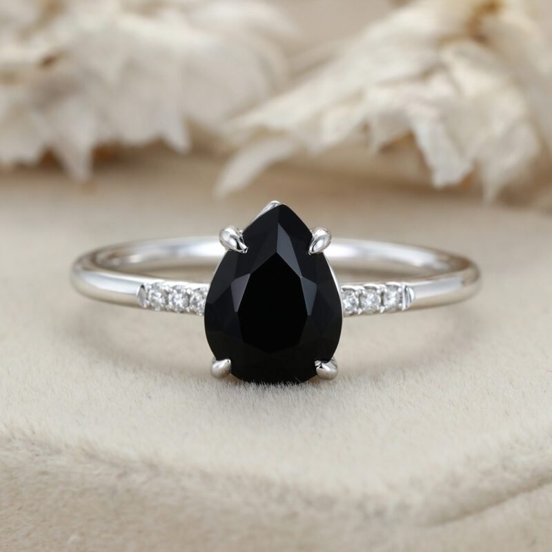 Pear Shaped Black Onyx Engagement Ring Vintage 14K Rose Gold Ring Unique Diamond Wedding Ring Bridal Gift For Her