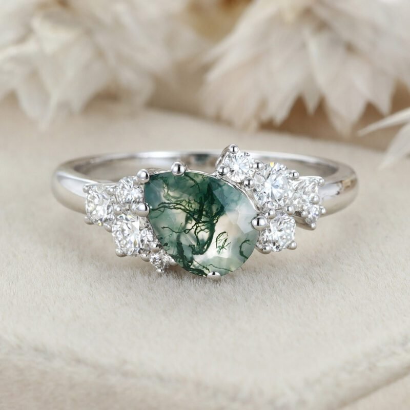 Pear Shaped Moss Agate Engagement Ring Women White Gold Cluster Engagement Ring Bridal Unique Antique Promise Anniversary Gift