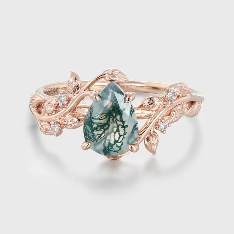 Pear Shaped Natural Moss Agate Ring Vintage 14K Rose Gold Leaf Nature Inspired Unique Engagement Ring Diamond Bridal Wedding Ring