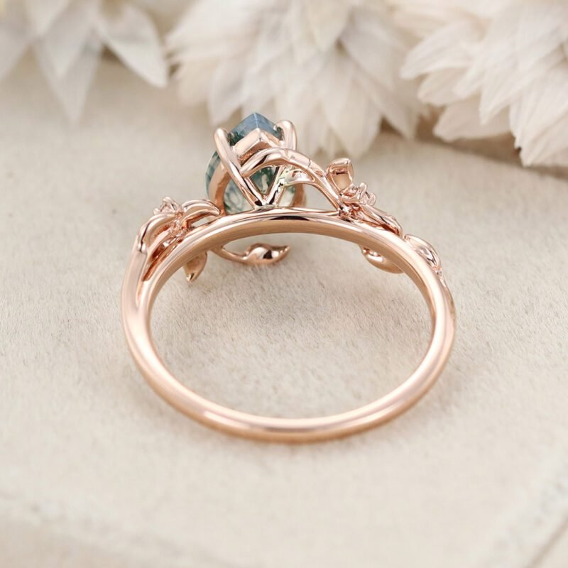 Pear Shaped Natural Moss Agate Ring Vintage 14K Rose Gold Leaf Nature Inspired Unique Engagement Ring Diamond Bridal Wedding Ring