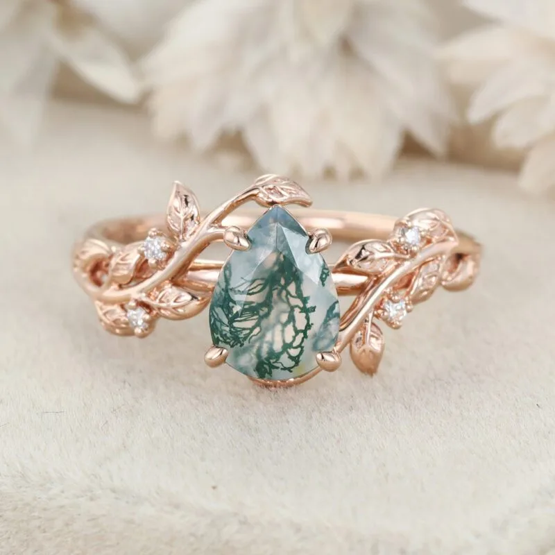 Pear Shaped Natural Moss Agate Ring Vintage 14K Rose Gold Leaf Nature Inspired Unique Engagement Ring Diamond Bridal Wedding Ring