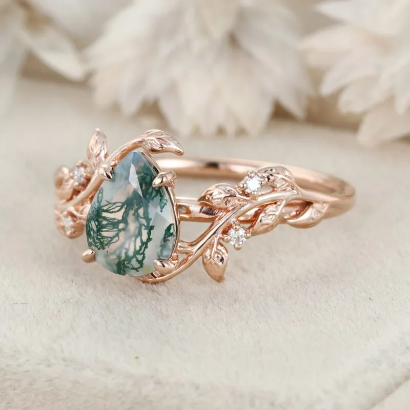 Pear Shaped Natural Moss Agate Ring Vintage 14K Rose Gold Leaf Nature Inspired Unique Engagement Ring Diamond Bridal Wedding Ring