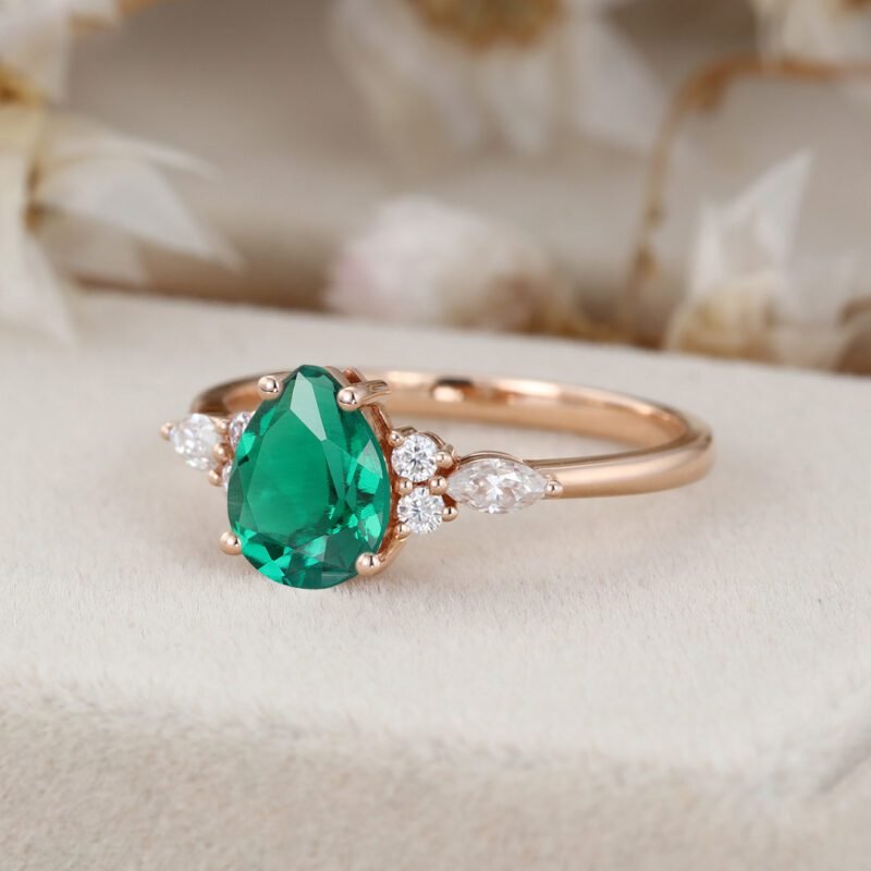 Pear cut Lab Emerald engagement ring Unique Marquise cluster diamond engagement ring Rose gold Bridal promise Anniversary gift for women