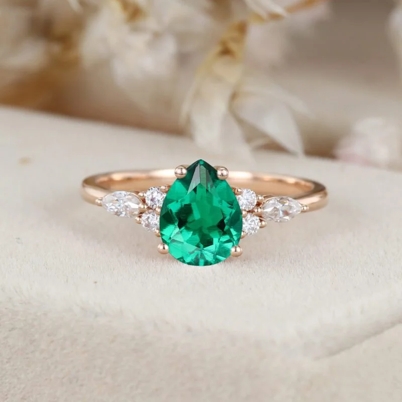 Pear cut Lab Emerald engagement ring Unique Marquise cluster diamond engagement ring Rose gold Bridal promise Anniversary gift for women