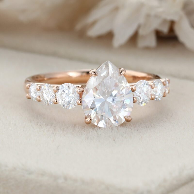 Pear cut Moissanite Engagement Ring Vintage Unique Solid 14k Rose gold Moissanite engagement ring Bridal Promise Anniversary gift for women