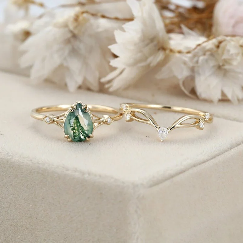 Pear cut Moss Agate engagement ring set unique engagement ring vintage Yellow gold women Curved Diamond wedding Bridal Anniversary gift ring
