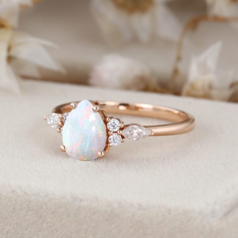 Pear cut Natural Opal engagement ring Unique Marquise cluster diamond engagement ring Rose gold Bridal promise Anniversary gift for women