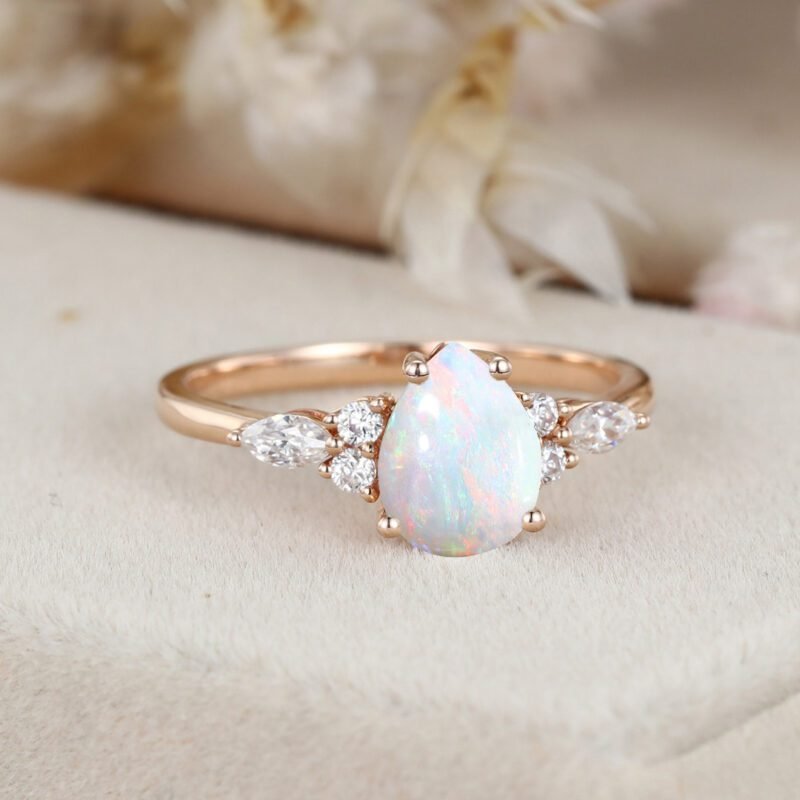 Pear cut Natural Opal engagement ring Unique Marquise cluster diamond engagement ring Rose gold Bridal promise Anniversary gift for women