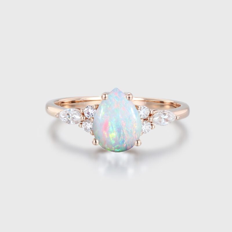 Pear Cut Natural White Opal Ring For Women Rose Gold Engagement Bridal Promise Anniversary Gift