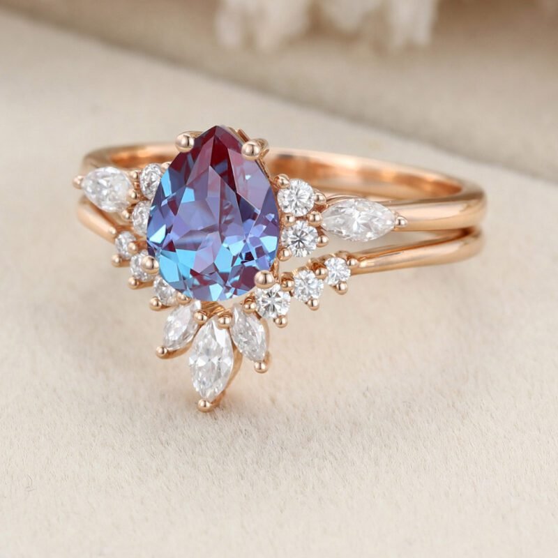 Pear shape Alexandrite engagement ring set Vintage Rose gold moissanite engagement ring unique marquise wedding ring Anniversary gift