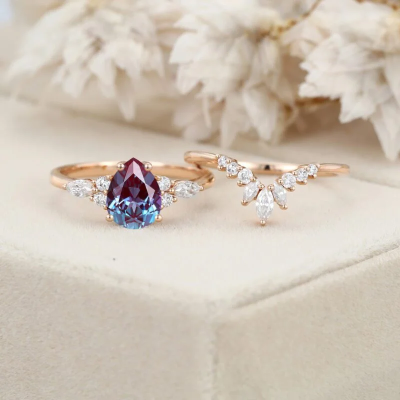 Pear shape Alexandrite engagement ring set Vintage Rose gold moissanite engagement ring unique marquise wedding ring Anniversary gift