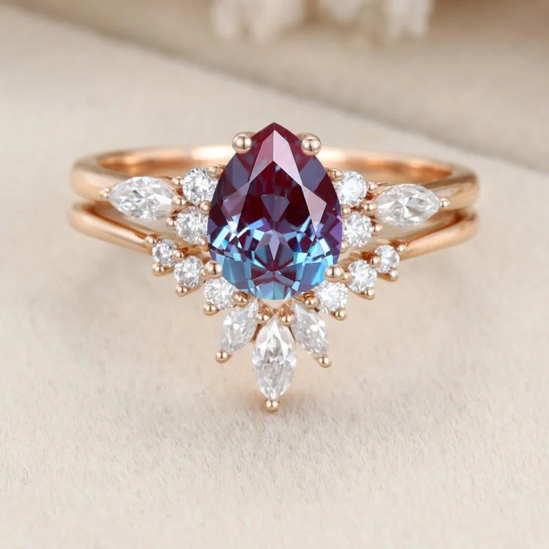 Pear shape Alexandrite engagement ring set Vintage Rose gold moissanite engagement ring unique marquise wedding ring Anniversary gift