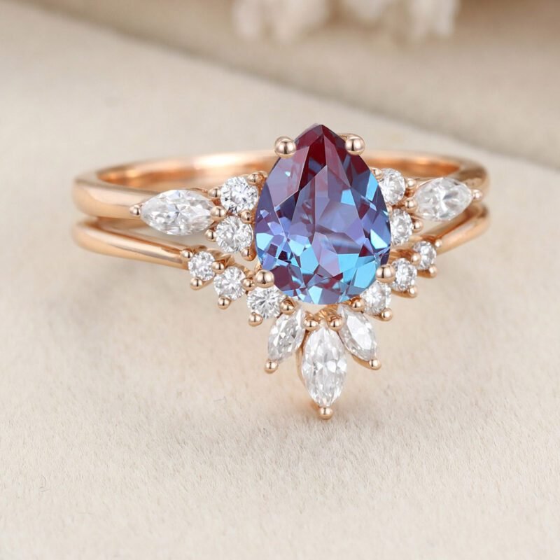 Pear shape Alexandrite engagement ring set Vintage Rose gold moissanite engagement ring unique marquise wedding ring Anniversary gift
