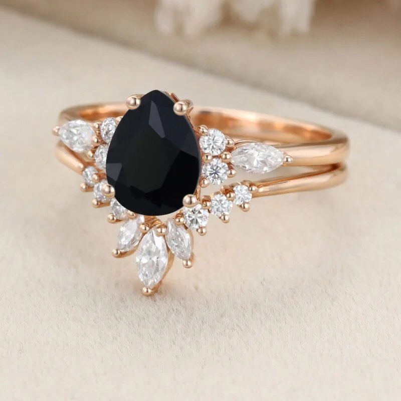 Pear shape Black Onyx engagement ring set Vintage women Art deco Bridal set Rose gold Diamond wedding ring Promise Anniversary gift