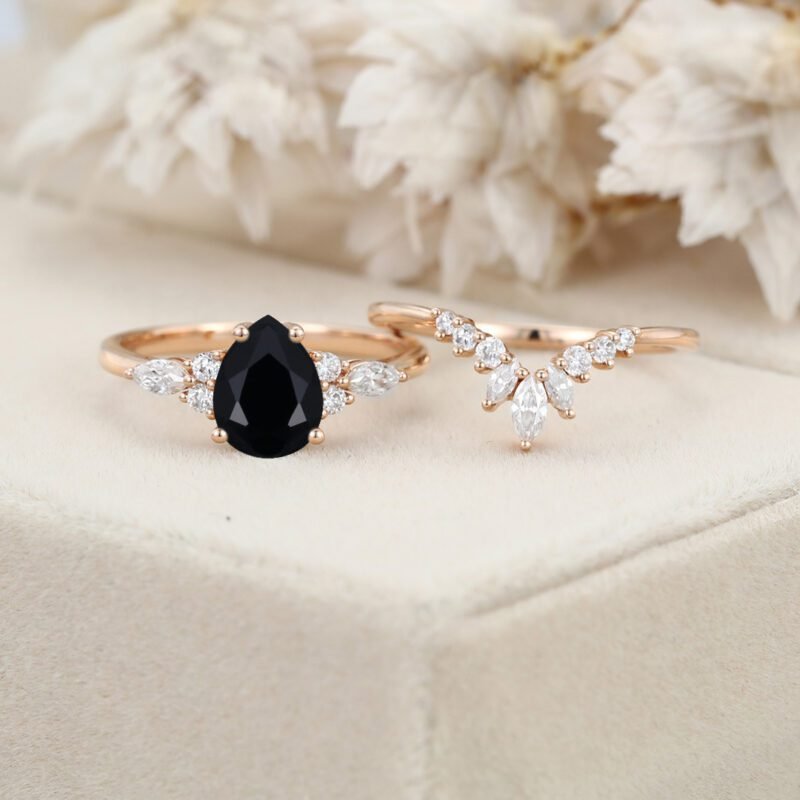 Pear shape Black Onyx engagement ring set Vintage women Art deco Bridal set Rose gold Diamond wedding ring Promise Anniversary gift