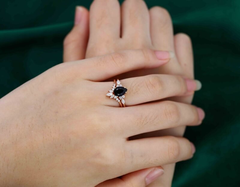 Pear shape Black Onyx engagement ring set Vintage women Art deco Bridal set Rose gold Diamond wedding ring Promise Anniversary gift