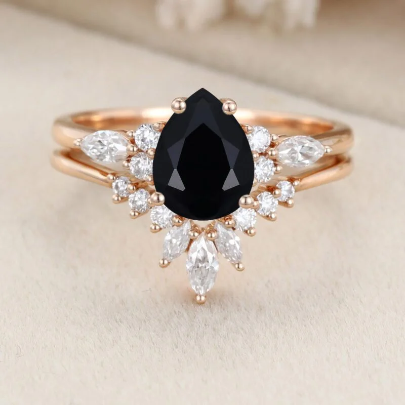 Pear shape Black Onyx engagement ring set Vintage women Art deco Bridal set Rose gold Diamond wedding ring Promise Anniversary gift