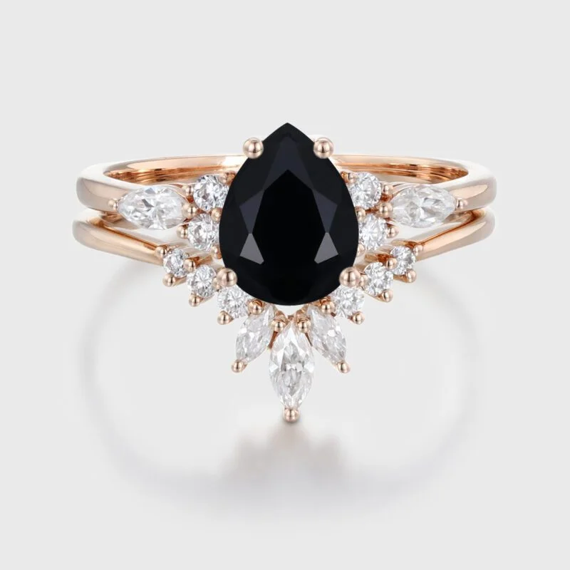 8x6mm Pear Shape Black Onyx Bridal Set In 14k Rose Gold