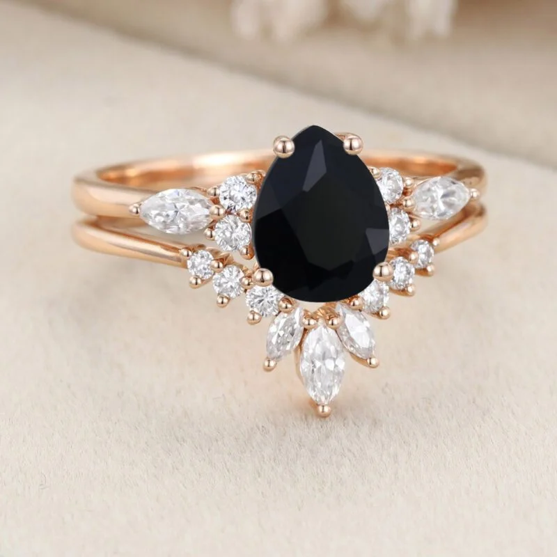 Pear shape Black Onyx engagement ring set Vintage women Art deco Bridal set Rose gold Diamond wedding ring Promise Anniversary gift