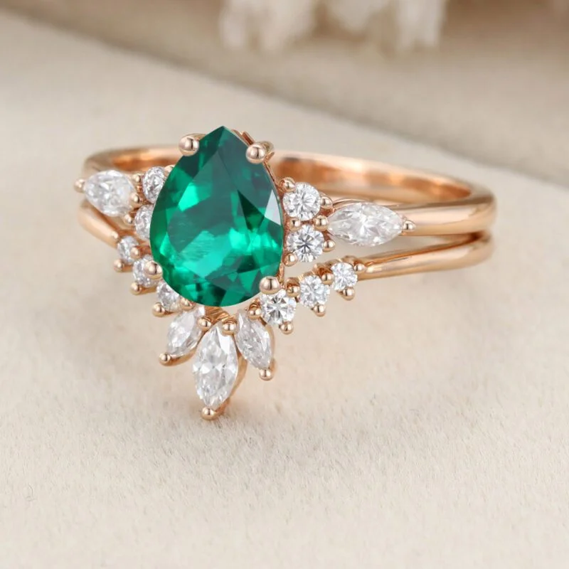 Pear shape Emerald engagement ring set Vintage moissanite ring unique Rose gold cluster engagement ring bridal promise Anniversary ring