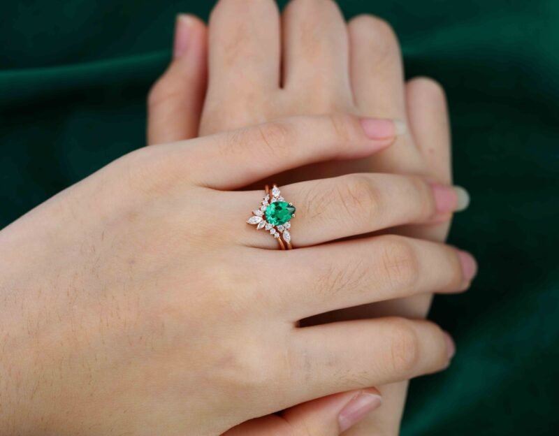 Pear shape Emerald engagement ring set Vintage moissanite ring unique Rose gold cluster engagement ring bridal promise Anniversary ring