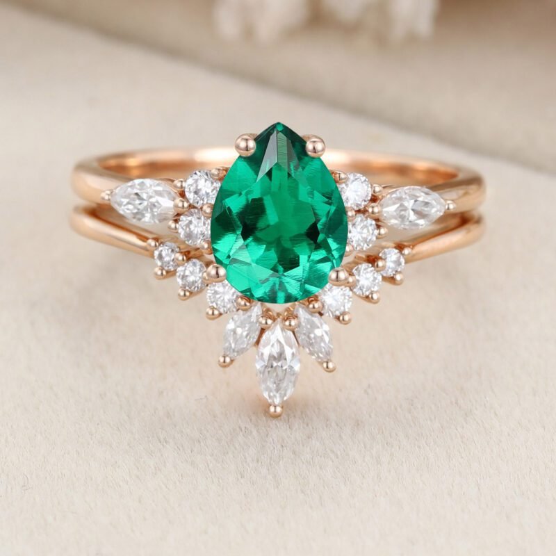 Pear shape Emerald engagement ring set Vintage moissanite ring unique Rose gold cluster engagement ring bridal promise Anniversary ring