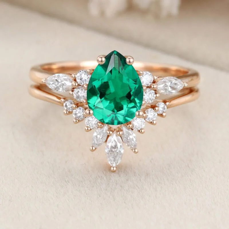 Pear shape Emerald engagement ring set Vintage moissanite ring unique Rose gold cluster engagement ring bridal promise Anniversary ring