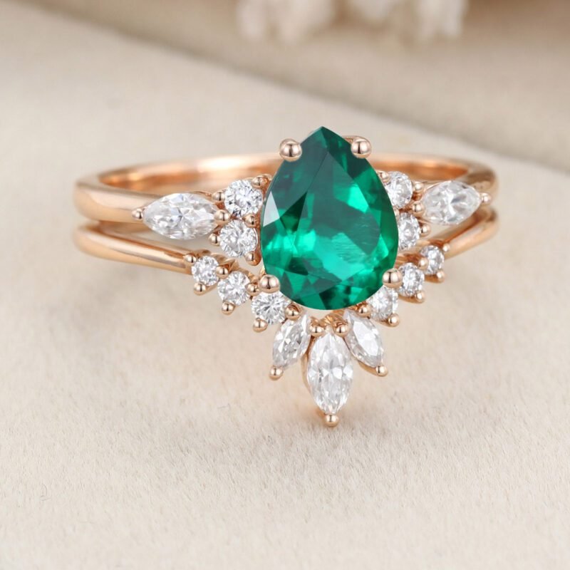 Pear shape Emerald engagement ring set Vintage moissanite ring unique Rose gold cluster engagement ring bridal promise Anniversary ring