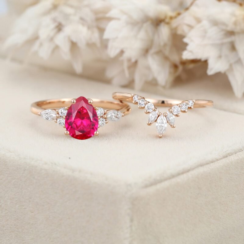 Pear shape Lab Ruby engagement ring set Unique Cluster engagement ring Rose gold Vintage marquise engagement ring Bridal set Anniversary