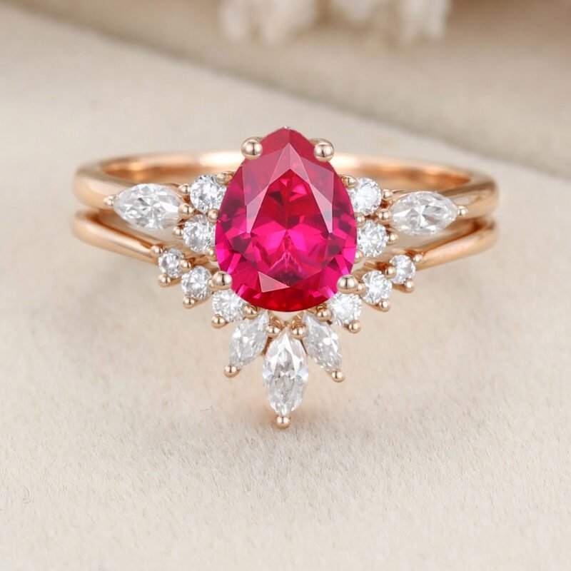 Pear shape Lab Ruby engagement ring set Unique Cluster engagement ring Rose gold Vintage marquise engagement ring Bridal set Anniversary