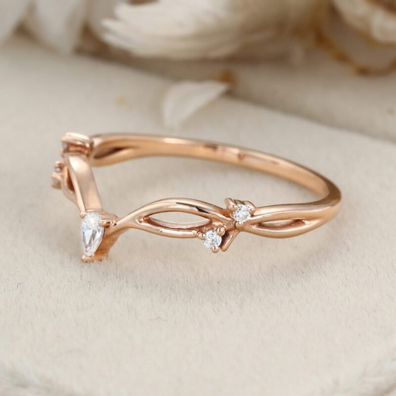 Pear shape Moissanite wedding band Vintage Curved wedding band Unique Rose gold diamond ring stacking matching promise ring Anniversary gift