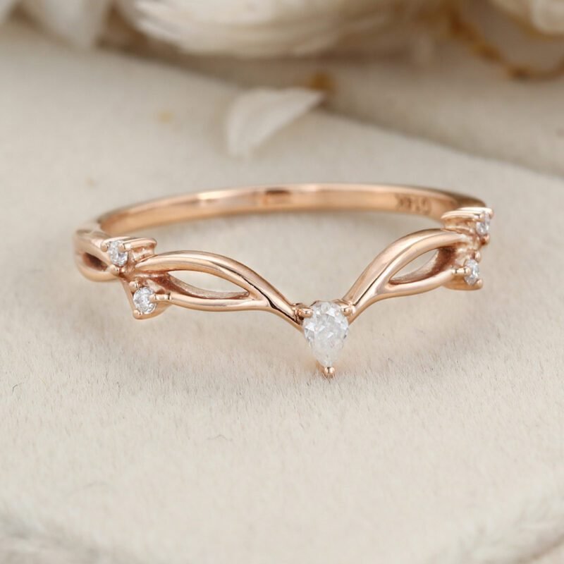 Pear shape Moissanite wedding band Vintage Curved wedding band Unique Rose gold diamond ring stacking matching promise ring Anniversary gift