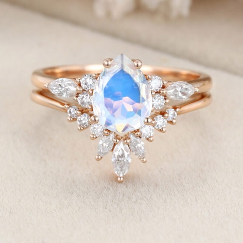 Pear shape Moonstone engagement ring set Moissanite ring Unique Vintage Rose gold cluster engagement ring bridal promise Anniversary gift